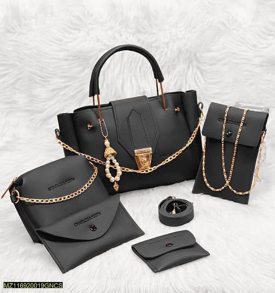 5 Pieces Women's PU Leather Plain Hand bag Set 1