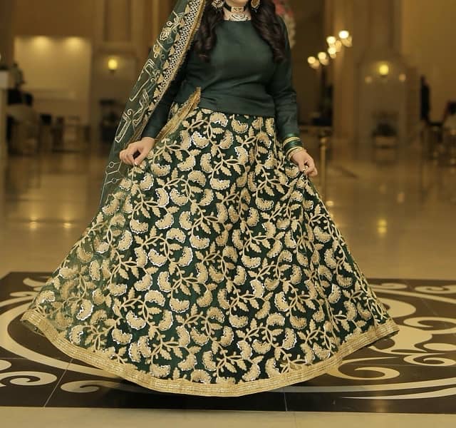 bottle green & gold mehndi lehnga (3 piece) 0