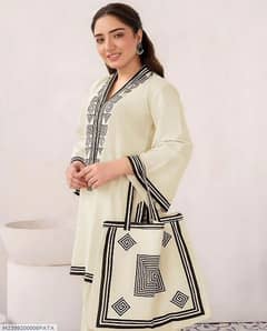 Season Off sale, Bag+3 pcs Stitched linen Dress