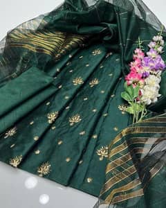 3 pcs women Unstitched Raw silk embroidered Suit