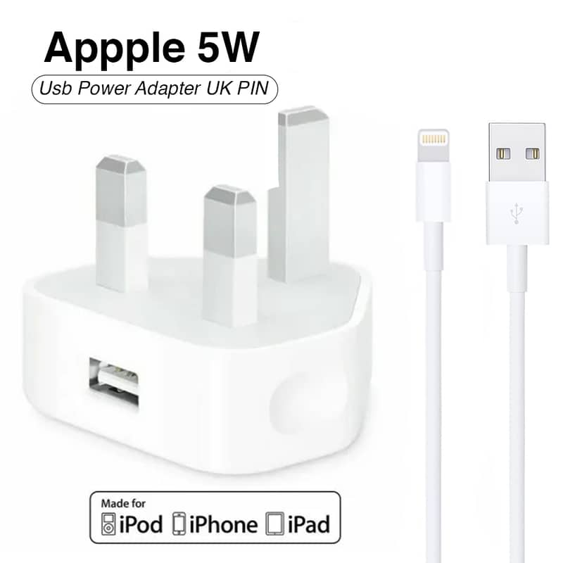 Iphone Usb 5W Power Adaptor UK Pin With Lightning To Usb Cable 0