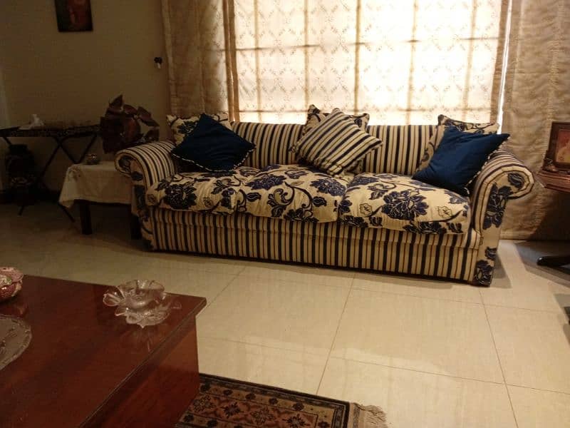 Beautiful Sofa in blue stripes and floral cushions 2