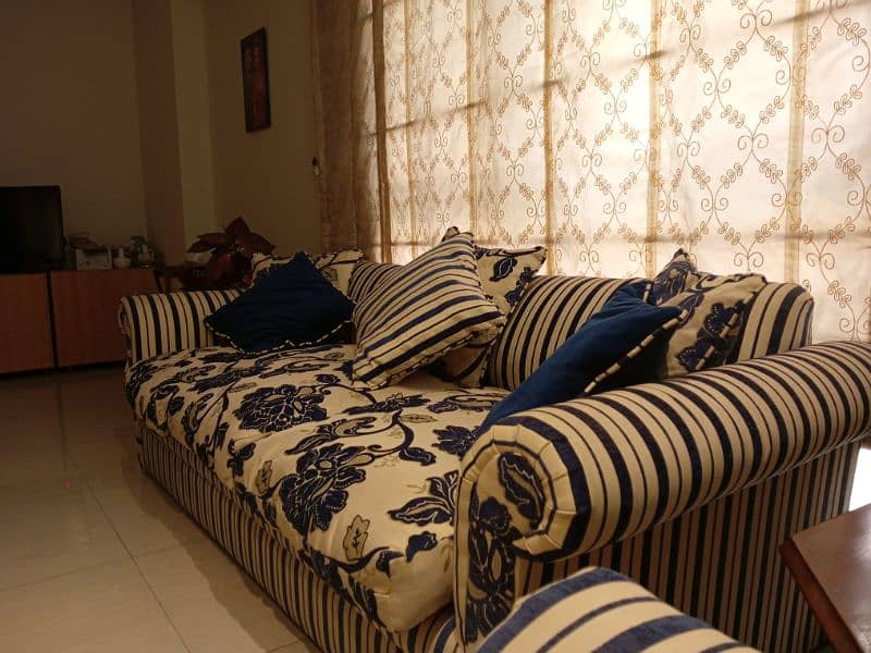 Beautiful Sofa in blue stripes and floral cushions 4