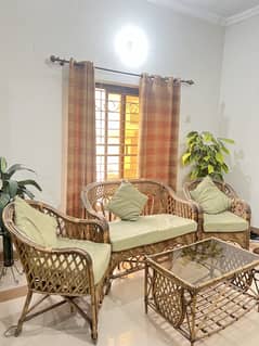 CANE SOFA SET WITH SEAT AND CUSHIONS