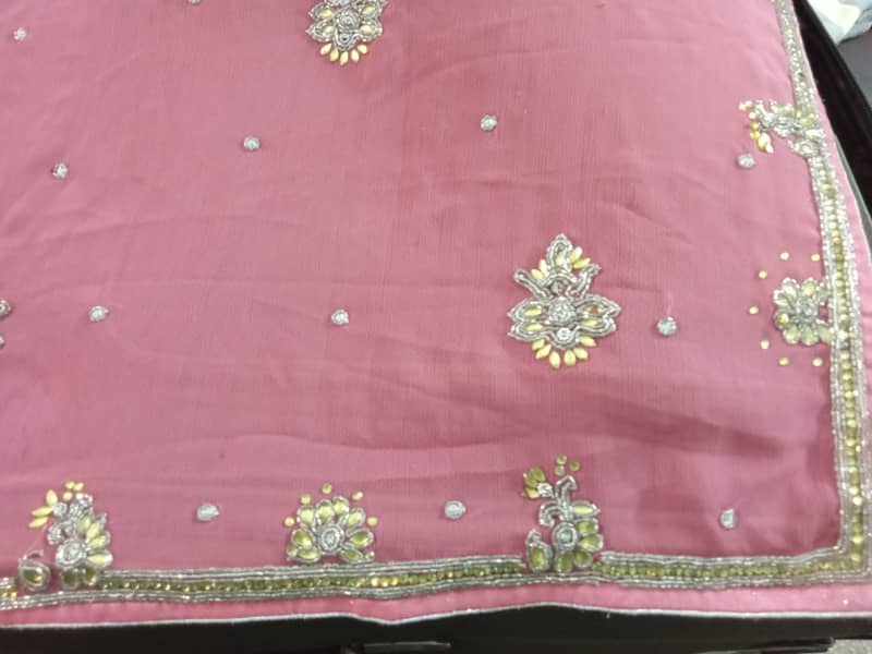 Pink chiffon embroided stiched saree. 2