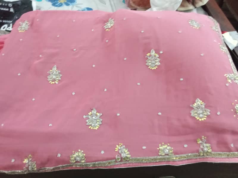 Pink chiffon embroided stiched saree. 3