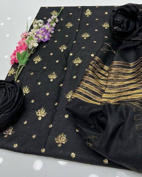 3 pcs Women unstitched silk embroidered suit 1