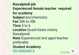 Experienced Female teacher required for academy 03140504815 0