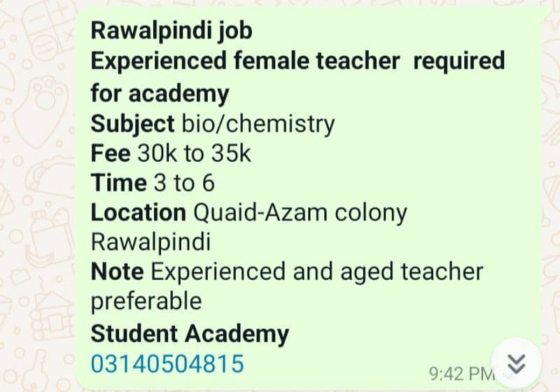 Experienced Female teacher required for academy 03140504815 0