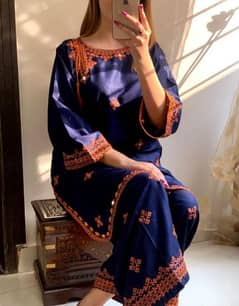 2 Pcs womens stitched linen embroidered suit 0