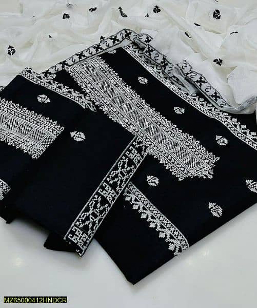 3 PCs Women's Unstitched Cotton Lawn Embroidered Suit 3