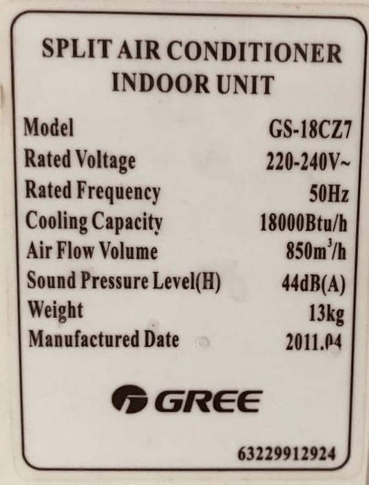 Gree Split AC 1.5 ton, Model: GS-18CZ7, Cream color, Like brand new 7