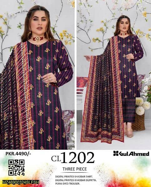 3 pcs Women's unstitched khaddar printed suit 0