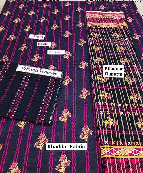 3 pcs Women's unstitched khaddar printed suit 1