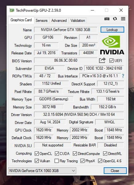 Nvidia EVGA GTX1060 3GBs 5