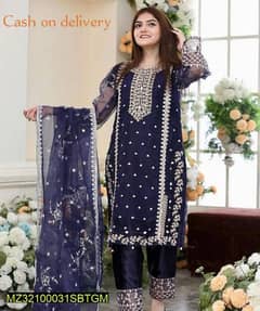 2psc women's Stitched Fancy Katan Silk Embroidered Suit