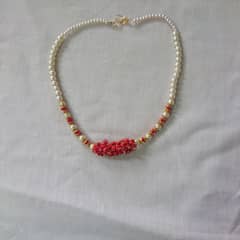 Red and Pearl Necklace with Gold-Tone Clasp