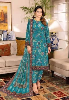 three piece women unstitched khadar print suit