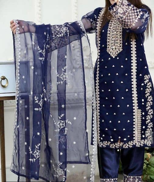 3 Pcs Women's Stitched Organza Embroidered Suit 3