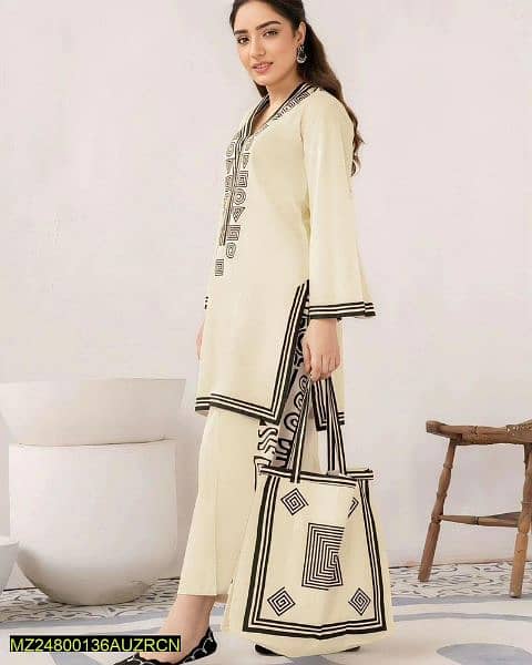 3 PCs Women's stitched Linen Printed Shirt and Trouser with Bag 3