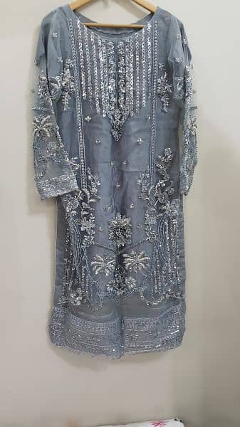 Maria B inspired hand made net shirt with raw silk trouser and dupata 0