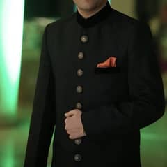 Sherwani black self print raw silk