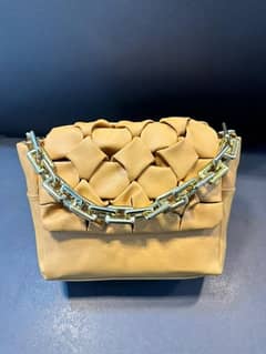 Premium Handcrafted Woven Leather Bag with Gold Chain