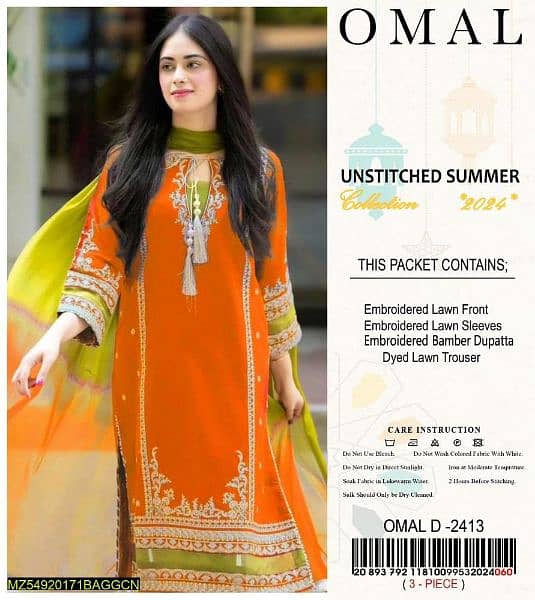 3 PCs Woman's Unstitched Lawn Embroidered 1