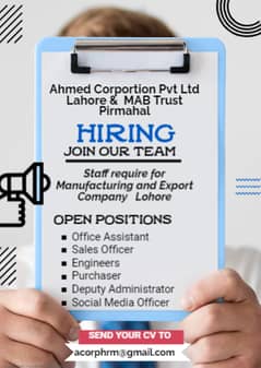 Staff require for Manufacturing and Export Company Lahore & MAB Trust 0