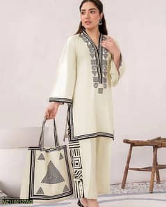 2 Pcs Women Stitched linen Printed Shirt and Trouser