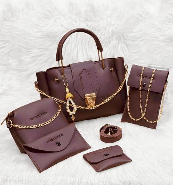 5 PC Women PU Leather Plain Hand Bag Set 0