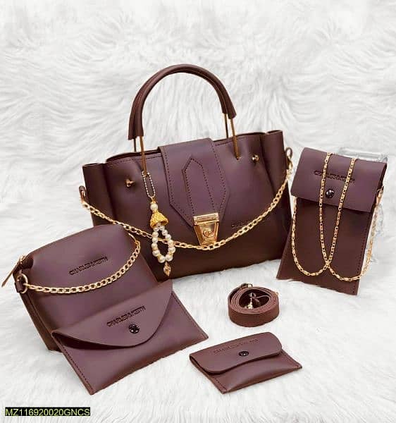 5 PC Women PU Leather Plain Hand Bag Set 1