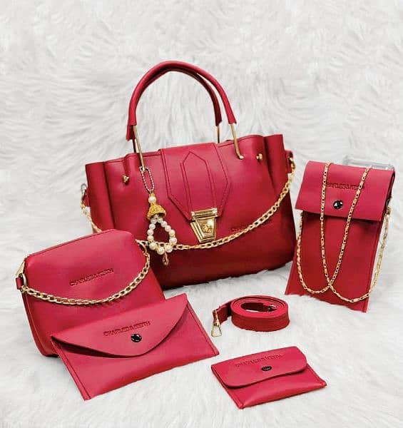 5 PC Women PU Leather Plain Hand Bag Set 2