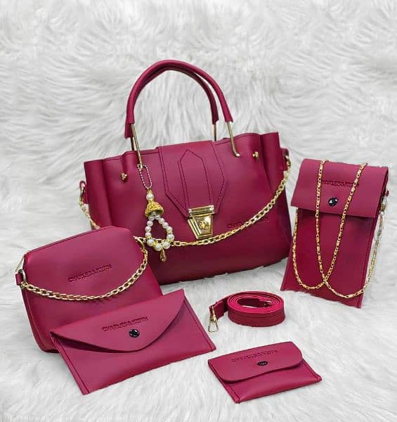 5 PC Women PU Leather Plain Hand Bag Set 5