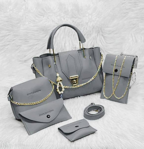 5 PC Women PU Leather Plain Hand Bag Set 8