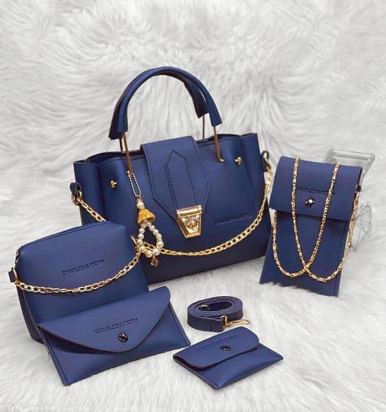 5 PC Women PU Leather Plain Hand Bag Set 10