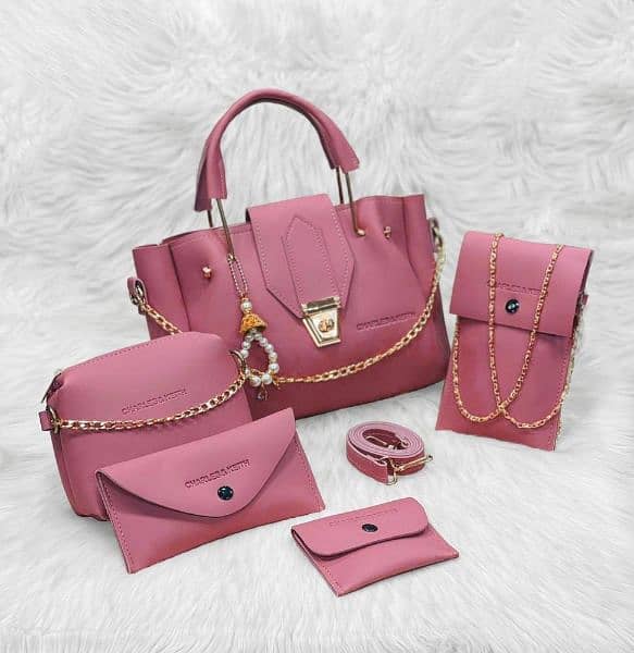 5 PC Women PU Leather Plain Hand Bag Set 13