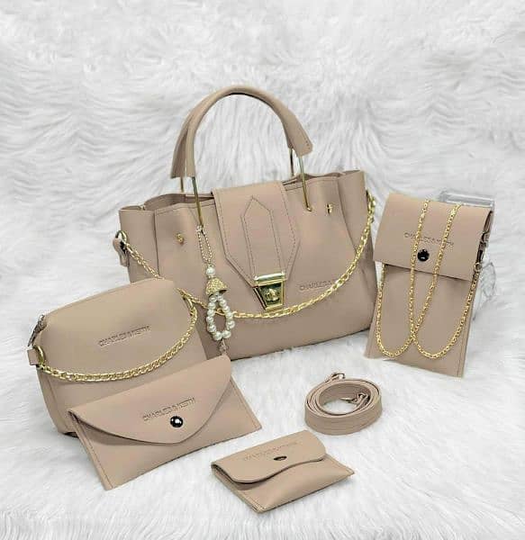 5 PC Women PU Leather Plain Hand Bag Set 16