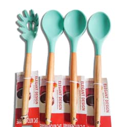 See Green Color Wood Stick Silicon Spatula Set