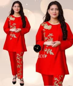 2pcs Women's Stitched Linen Embroidered Shirt And trouser