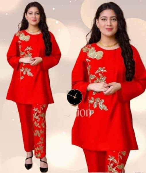 2pcs Women's Stitched Linen Embroidered Shirt And trouser 0