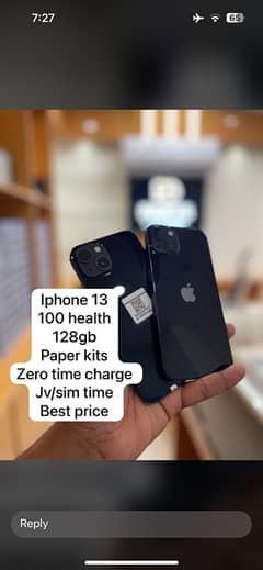 iphone 13 JV / sim time 128 GB 10/10 100% battery health 0