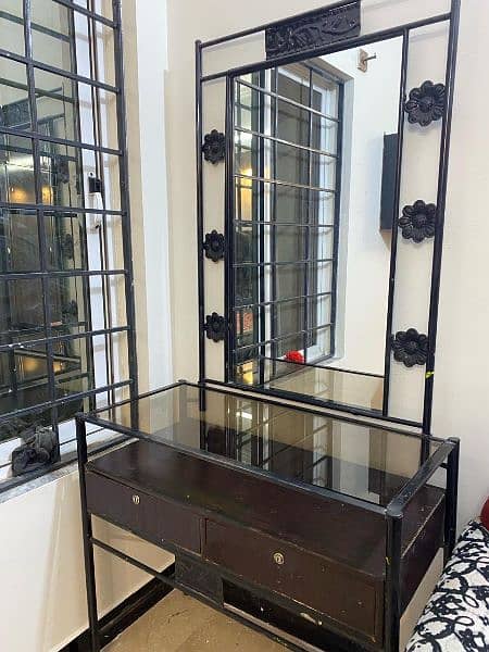 Black Wooden Bed with side tables Iron rod Dressing table 1