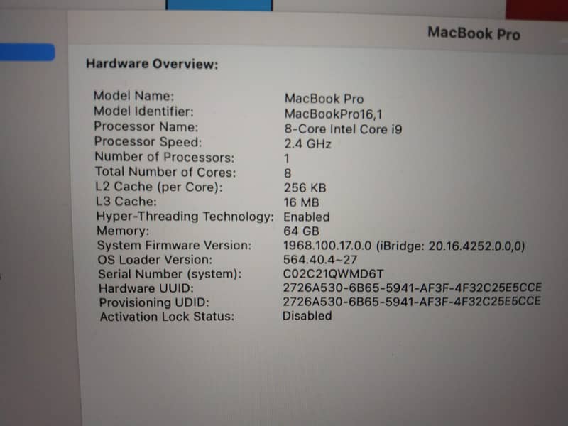 Macbook Pro 2019 64GB RAM 8GB+2G Graphic 8 core 9th gen 2.4 GHz 1 TB 4