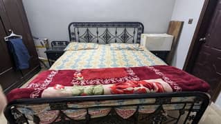 King Size Iron Bed with Side Tables and Mattress