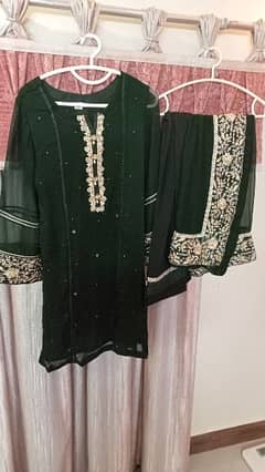 3 piece chiffon dark green dress