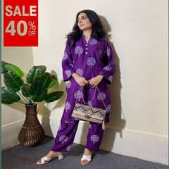 2 PCS Women's Stitched linen Printed Suit