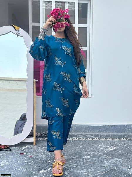 2 piece women's stitched linen printed suit 2