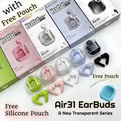 Air31 Earbuds With SILICON POUCH Wireless Crystal Transparent And Blue