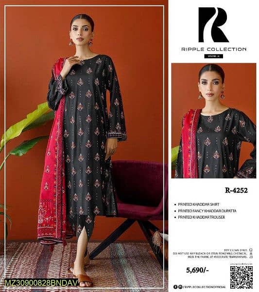 3 Pcs Women's Unstitched Khaddar Printed Suit 0